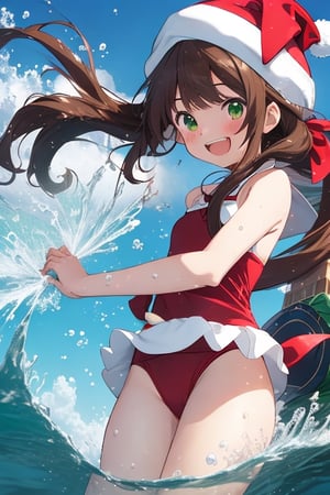 high quality,  anime visualbreak1girl,  14yo,  pretty,  brown hair,  long hair,  brown eyes,  laughing so hard,  have a zucchini,  ((white beret):1.1),  ((battle Santa swim suit)), ( swimsuit with little exposure),  red ribbon,  ((green spats)),  (red sneeker), ((present):1.2)
break
in the sea, underwater world
