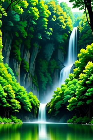 the view of a forested waterfall and a park in front of it, scenery, tree, nature, water,<lora:659111690174031528:1.0>