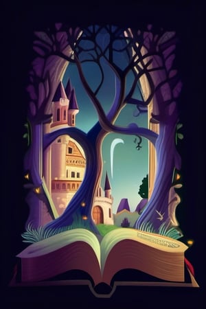 an open book with a tree and a castle inside it, fantasy book illustration, storybook illustation, fantasy rpg book illustration, story book illustration, detailed book illustration, a storybook illustration, storybook illustration, book illustration, storybook wide shot :: hd, storybook art, storybook fantasy, story book, jen bartel, fantasy book, scary magical background