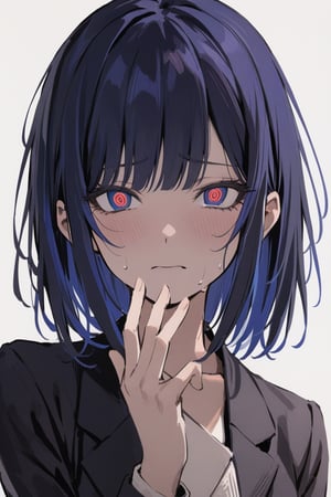 masterpiece, best quality, ((close-up of face, ringed eyes)), (sweating, very nervous expression, making peace sing with hand), medium shot, standing, 1girl, solo, negative space, ((simple white background, white background)), a girl in a school uniform, half-closed eyes, detailed eyelashes, sharp eyes, dark royal blue hair, medium length hair, hair behind ear, side bangs, black blazer, simple, facing viewer, manga illustration style, bangs, 
