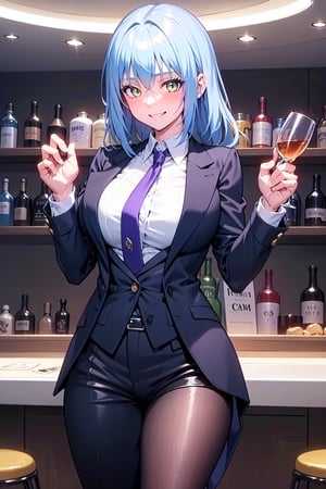 
amber_eyes, alone,
perfect_eyes, grinning , sexy_look , hot_look ,smile_face
,thong, curvy_figure,  , perfect_hands, indoors, blushing, , from_below, normal_breasts,  blue_fullbody_formal_suit 
,blue_suit,  black_normal_tie, 
 , a lot_bottles_in_baclgrounds, Violet_light ,
Violet light_baclgrounds,casino ,
,sexy_look ,
hand_resting_on_the_waist ,
hand_on_waist , ,Rimuru_Tempest, blue _hair, long_hair
, black_casino_bar , wine_glass_in_one_hand , bar ,drunk , touching_herself , male_coat_suit , formal_blue_pants