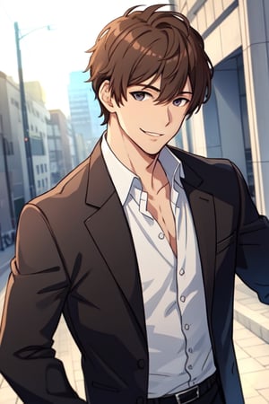 best quality, solo_male, brown hair, gray eyes, smiling, handsome