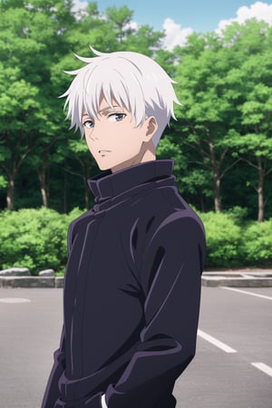 masterpiece,highres,high quality,extremely detailed,solo,outdoors, looking at viewer, SatoruGojo,1man, black jacket,popped collar,gojo satoru, white hair, forest, panda Disguised