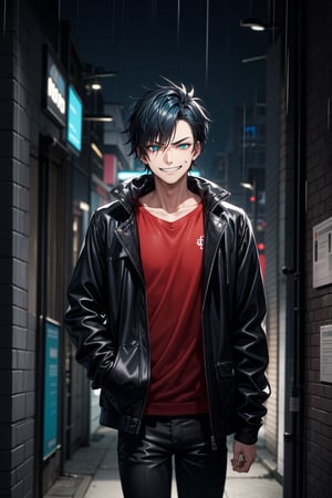 urban, punk, 1boy, black hair, open black jacket, black_pants, raining, masterpiece, perfect anatomy, slightly muscular, high quality, perfect, complex_background, nighttime, city, alleyway, delinquent, smirk, short_hair, spikey_hair, spiked_hair, bad boy, neon sign, teal_eyes, smirking, confident, toned, fighting pose
