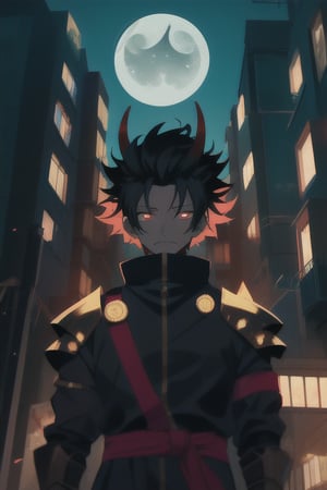 Yoriichi(DEMON SLAYER) MALE, long black hair, bright red sleeks hair, bright red eyes, holding nichirin sword and looking down with disgust, ready for combat, moonlight scenery, buildings around with lights on, oval chin, golden armour with sun symbol at the centre, height from below 1.3.