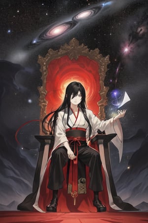 YORIICHI TSUGIKUNI (MALE) (DEMON SLAYER), LONG BLACK HAIR, SLEEK RED HAIR, SITTING ON THE THRONE, HOLDING UNIVERSE, OBSERVING THE UNIVERSE, CREATING MULTI-VERSES.