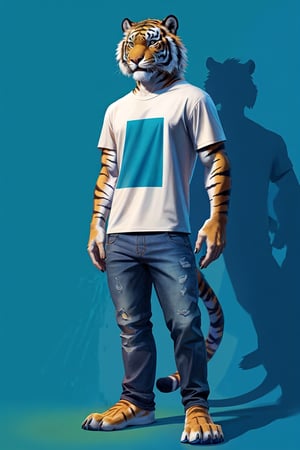 full-length_portrait, saber-toothed tiger, fur, black stripes, male, jeans, T-shirt,ear_rod, abstract liquid lines on the background, black and blue splashes and shadows