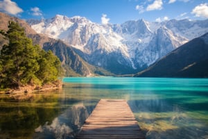 Paisaje natural del sur de Chile en estilo realista. Un hermoso lago cristalino rodeado de montañas cubiertas de nieve, con un cielo despejado y algunas nubes suaves. Árboles nativos, como alerces y coigües, llenan el entorno con tonos verdes vibrantes. Un muelle de madera se extiende hacia el agua, reflejando la serenidad del lugar. El sol de la tarde ilumina suavemente el paisaje, creando sombras sutiles. La escena captura la belleza pura y tranquila de la naturaleza del sur de Chile,EnchantingGlow,noc-landscape,noc-fantasy