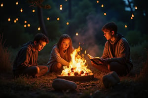 Una escena cálida e inspiradora alrededor de una fogata en la naturaleza al anochecer, donde personas de diversas edades están sentadas escuchando a un narrador que cuenta historias. Hace un zoom a un libro que es sostenido por una de las personas, siendo iluminado por la luz de la fogata. La atmósfera es mágica, con luces suaves y detalles como destellos de estrellas y reflejos en sus rostros atentos. Que se sienta una conexión profunda y humana, destacando el poder de las historias y la unión entre las personas, con tonos cálidos y dorados, estilo realista y detallado.