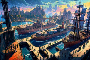Create a medieval ship port from above bustling with activity. The port should be filled with intricately designed ships, each showcasing unique details and characteristics. People should be going about their daily tasks, loading and unloading cargo, repairing ships, and engaging in lively interactions. The architecture should reflect the medieval era, with wooden structures, stone buildings, and arched doorways. The art style should draw inspiration from Olivier Bonhomme, known for his exquisite attention to detail and rich, immersive worlds. Emphasize the use of warm and earthy tones, as well as a seamless integration of the ships and the bustling atmosphere of the port. The image should evoke a sense of adventure and historical charm, inviting viewers to step into the vibrant world of a medieval ship port,fantasy_world,no_humans