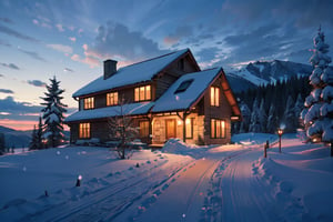 a grand, ethereal house perched precariously at the peak of a majestic, snow-capped mountain. The house glows with a mystical, warm light, contrasting sharply with the surrounding cool hues of the twilight sky and snowy landscape. A golden pathway leads up to the house, vanishing into clouds. Use a wide-angle lens and a small aperture for sharpness across the scene, and long exposure to capture the intricate details of the mountain, the glowing house, and the soft, dreamy clouds