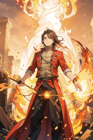 A man with fire powers brown hair fire in his hands 