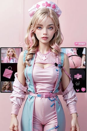 Ultra high resolution, high resolution, (masterpiece: 1.4), hyper-detail, 1back girl, inboxDollPlaySetQuiron style, full body, no humans, doll, toy, black_barbie, in a gift box, character print, blonde hair, middle length hair, blight blue eyes, (((wearing a detailed pink theme nurse outfit and matching accessories:1.5))), pink sparkles, sprinkles, barbie pink color theme, beautiful female barbie, full lips, parted_lips, heavy make-up, smoky eyes, detailed eyes, pretty face,3DMM,inboxDollPlaySetQuiron style,(margot robbie), 
