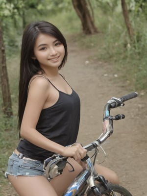 (((pinay beauty))), beautiful teen biker, (((riding in a mountain bike)) l, ((smiling)), (((black straight long thin hair , Kite face shape: 2.0, High resolution soft skin complexion, ((((small tender breast)))), (((white skin complexion))), (((wearing loose hanging high sleave less shirt ))), (((red hanging shirt))), (((fitted micro short))), (((cleavage shown))), slim sexy body, correct physical anatomy, correct hand and fingers arrangement, High detail RAW color photo professional photo, (((out door back ground))), (realistic, photo realism:1.4), (highest quality), (best shadow), ultra high resolution, highly detailed CG unified 8K wallpapers, depth of field, cinematic lighting, masterpiece, 16k, high details, high resolution, (delicate face), perfect detail, perfect feet, sexy legs, full body, cinematic, ((hyper detailed face)), (((exposed thighs))), (((riding in a mountain bike))), Pinay Teen Beauty. 