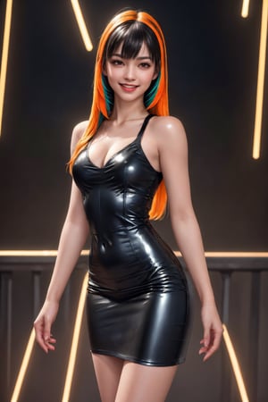(((Filipino-Australian blood mix))), beautiful cyber punk, ((smiling)), (((tri-colored straight long thin  hair ))), (((hair strip highlight on bangs and sides))),  Kite face shape: 2.0, High resolution soft skin complexion, ((((tender medium breast)))), (((white skin complexion))), (((wearing fitted bodycon latex dress in orange & black color combination))), (((cut off dress design))), (((fitted micro skirt type dress))), (((cleavage shown))), slim sexy body, correct physical anatomy, correct hand and fingers arrangement, High detail RAW color photo professional photo, (realistic, photo realism:1.4), (highest quality), (best shadow), ultra high resolution, (((Secret camera shoot))), highly detailed CG unified 8K wallpapers, depth of field, cinematic lighting, dark back ground, masterpiece, 16k, high details, high resolution, (delicate face), perfect detail, perfect feet, sexy legs, medium breast, full body, cinematic lighting, dark studio, ((hyper detailed face)),(((exposed thighs))), (((Night at futuristic City back ground))), (((Out door city at night back round)))sexy latex suit,girl,bzolivia,realistic,criss-cross halter, (((no signature and slim line light back ground)))