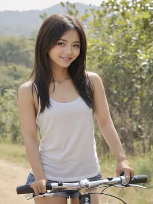 (((pinay beauty))), beautiful teen biker, (((riding in a mountain bike)) l, ((smiling)), (((black straight long thin hair , Kite face shape: 2.0, High resolution soft skin complexion, ((((small tender breast)))), (((white skin complexion))), (((wearing loose hanging high sleave less shirt ))), (((red hanging shirt))), (((fitted micro short))), (((cleavage shown))), slim sexy body, correct physical anatomy, correct hand and fingers arrangement, High detail RAW color photo professional photo, (((out door back ground))), (realistic, photo realism:1.4), (highest quality), (best shadow), ultra high resolution, highly detailed CG unified 8K wallpapers, depth of field, cinematic lighting, masterpiece, 16k, high details, high resolution, (delicate face), perfect detail, perfect feet, sexy legs, full body, cinematic, ((hyper detailed face)), (((exposed thighs))), (((riding in a mountain bike))), Pinay Teen Beauty. 