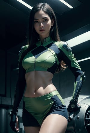 A young girl, (Italian-Filipinoblood mix 1.7),  cybernetic robot, beauty queen quality, sweet smiling, detailed small lips, , (((highly detailed very beautiful face))), ((black hair)), (thin straight long hair 1.3), (((small slender breasts))), (((slim sexy))), (((wearing combination of light green and blue futuristic design sleeve less fitted metalic mechanized top, ))), Superheroines, elegant designed mechanized top, high technology clothing design, without under shirt, (front partly open breasts:1.1), (front open shirt:1.2), and ((mechanical and metal adorned. combination of light green and blue mechanized micro skirt)), correct physical anatomy, correct hand and fingers arrangement, full body portrait, model shoot style from legs to head, looking at viewer, High detail RAW color photo professional photo, (realistic, photo realism:1.4), (highest quality), (best shadow), ultra high resolution, highly detailed CG unified 8K wallpapers, depth of field, cinematic lighting, dark back ground, masterpiece, 16k, high details, high resolution.,SteelHeartQuiron character, mecha, mechanical girl, green black exosuit, neon genesis evangalion, mechanical pilot suit, beautiful eyes, (delicate face), perfect detail, perfect feet, sexy legs, medium breast, lots of exposed skin, full body, 
cinematic lighting, dark studio, ((hyper detailed face)),((hyper detailed eyes)),(((exposed thighs))),westworld