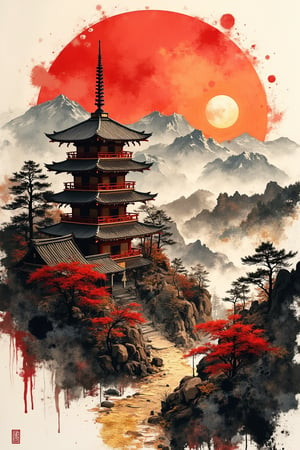 semi-abstract, watercolor, ink, splashes, grunge, gold accents, sumi-e, kintsugi, speed style, pagoda, landscape, mountains, sunset, limited red black gold color palette, signature by supersy, illustration, painting, architecture