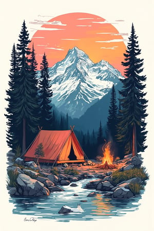 A beautifully illustrated monoline or line art style design featuring a serene mountain morning camping scene. The illustration includes a cozy tent pitched near a babbling brook, a campfire, and a picturesque mountain range in the distance. The sky is a vibrant blend of warm oranges and pinks, illuminating the morning light. This design would be perfect for t-shirts, stickers, or any other printing needs, capturing the essence of outdoor adventure and tranquility.