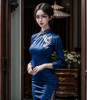 1girl, with glasses,qipao