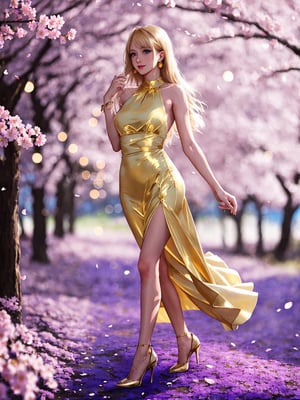 A beautiful woman is enjoying the cherry blossoms outside. She has light gold hair, and light blue eyes, framing a cute nose. She wears a golden   dress, paired with high heels. Her hands are feminine, and she has an hourglass body shape.,aesthetic portrait,photo r3al,FilmGirl,cutegirlmix,xxmix_girl,blurry_light_background