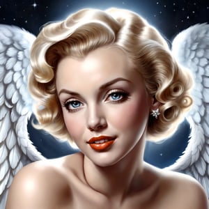 (best quality, masterpiece:1.2, photorealistic:1.4, highly detailed), a close-up portrait of 1 beautiful girl(Merilyn Monroe) like an angel, representing celestial beauty, detailed angel wings, glowing holy light, sharp-focus, (slightly smiling), realistic detailed skin texture, high resolution, masterpiece, very realistic, An angel ,Magical Fantasy style, Merilyn Monroe,