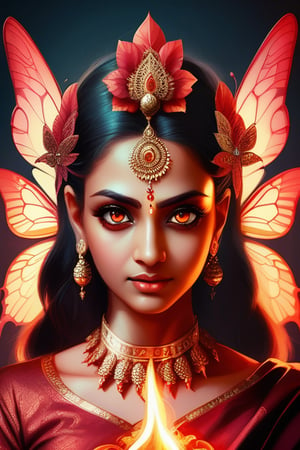 India goddess with flame breathing technique portrait. and flaming butterfiles over her body  shine in red color . Pale Face with proud and no fear, big eyes, 
