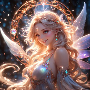 (beautiful fairy), (iridescent wings) (masterpiece, best quality, ultra-detailed, best shadow), (detailed background, high fantasy), (beautiful detailed face), high contrast, (best illumination, an extremely delicate and beautiful), (fantasy dress), ((cinematic light)), colorful, hyper detail, dramatic light, intricate details, (blowing hair, sharp face, amber eyes, hair between eyes, dynamic angle), blood splatter, swirling light around the character, depth of field, light particles,(broken glass),magic circle, (full body), Spirit fantasy Pendant, Beautiful Eyes,the whole body, sexy smile, perfect teeth,