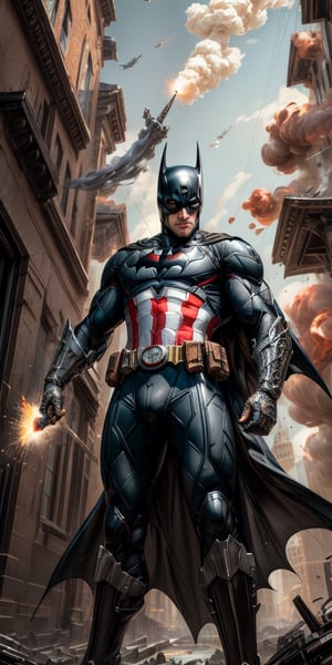 (8k, 3D, UHD, highly detailed, masterpiece, professional oil painting) A hybrid of Batman and Captain America • Intricately detailed, intricate complexity, 8k resolution, octane render, hdr+, photoreal, hyperreal, masterpiece, perfect anatomy
There are heavy explosions in the background
