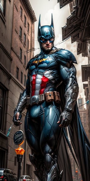 (8k, 3D, UHD, highly detailed, masterpiece, professional oil painting) A hybrid of Batman and Captain America • Intricately detailed, intricate complexity, 8k resolution, octane render, hdr+, photoreal, hyperreal, masterpiece, perfect anatomy
There are heavy explosions in the background