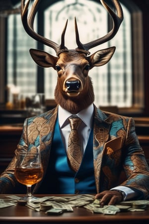 A stunning 64K photo of a realistic elk, dressed in a 3-piece suit with tropical pattern and tie, wearing flat cap on the head and expensive sunglasses, sitting at a table and counting money, smoking cigar and drinking whiskey, looks lika a mafia boss, award-winning photography, hyper detailed, hyper realistic, masterpiece