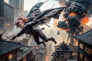 Rococo punk ninja jumping from the rooftop of building that exploded flying in the futuristic city

