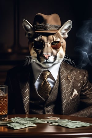 A stunning 64K photo of a realistic puma, dressed in a 3-piece suit with ornament pattern and tie, wearing flat cap on the head and expensive sunglasses, sitting at a table and counting money, smoking cigar and drinking whiskey, newspapers are on the table, award-winning photography, hyper detailed, hyper realistic, masterpiece