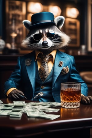 A stunning 64K photo of a realistic racoon, dressed in a 3-piece suit with tropical pattern and tie, wearing flat cap on the head and expensive sunglasses, sitting at a table and counting money, smoking cigar and drinking whiskey, looks lika a mafia boss, award-winning photography, hyper detailed, hyper realistic, masterpiece