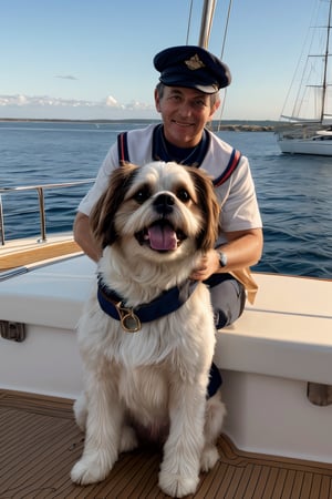 📷 A charming image of a cute and happy white-brown shih-tzu dog dressed as a sailor on a luxourious yacht. The shih-tzu dog, rendered in hyper-realistic detail, is seen wearing a sailor's hat and collar, its fur immaculately white against the backdrop of the yacht. The style is hyper-realistic, with a high level of detail and precision. The lighting is soft and diffused, casting a gentle glow on the dog and the yacht's deck. The color palette is natural, with a focus on the white-brown of the dog's fur and the weathered wood of the ship. The composition is carefully balanced, with the sailor dog centrally positioned in the frame. The image is to be generated with a high-resolution 16k, using a virtual 85mm lens, with a focus on sharpness and depth-of-field. --ar 16:9 --v 5.1 --style raw 