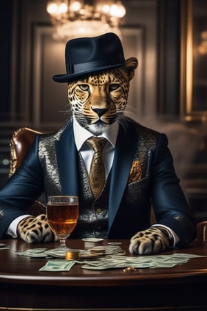 A stunning 64K photo of a realistic leopard, dressed in a 3-piece suit with ornament pattern and tie, wearing flat cap on the head and expensive sunglasses, sitting at a table and counting money, smoking cigar and drinking whiskey, looks lika a mafia boss, award-winning photography, hyper detailed, hyper realistic, masterpiece