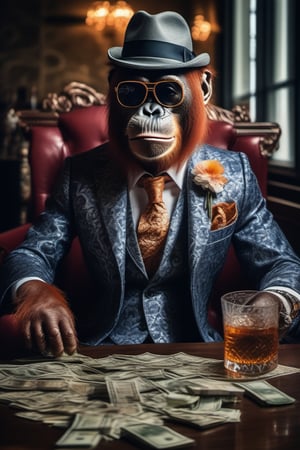 A stunning 64K photo of a realistic orangutan, dressed in a 3-piece suit with tropical pattern and tie, wearing flat cap on the head and expensive sunglasses, sitting at a table and counting money, smoking cigar and drinking whiskey, looks lika a mafia boss, award-winning photography, hyper detailed, hyper realistic, masterpiece