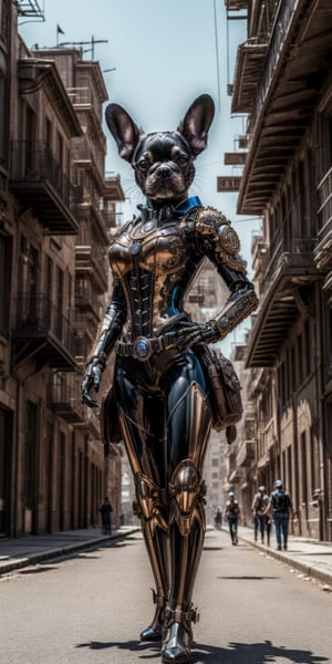 (8k, 3D, UHD, highly detailed, masterpiece) A steampunk french bulldog  • Intricately detailed, intricate complexity, 8k resolution, octane render, hdr+, photoreal, hyperreal, masterpiece, perfect anatomy

add a steampunk city in the background
,mecha musume