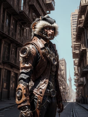 (8k, 3D, UHD, highly detailed, masterpiece) A steampunk male cotton top tamarin monkey • Intricately detailed, intricate complexity, 8k resolution, octane render, hdr+, photoreal, hyperreal, masterpiece, perfect anatomy, male body, detailed eyes, hyper detailed face

add a steampunk city in the background
,mecha musume
