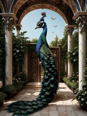 An 8K digital illustration of a rococopunk peacock, adorned with ornate rococo patterns and delicate mechanical wings, set against a digitally-painted rococopunk garden