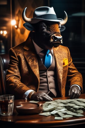 A stunning 64K photo of a realistic american bison, dressed in a 3-piece suit with tropical pattern and tie, wearing flat cap on the head and expensive sunglasses, sitting at a table and counting money, smoking cigar and drinking whiskey, looks lika a mafia boss, award-winning photography, hyper detailed, hyper realistic, masterpiece