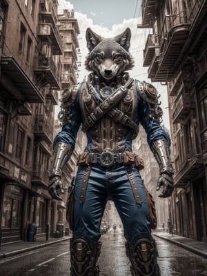 (8k, 3D, UHD, highly detailed, masterpiece) A steampunk male wolf • Intricately detailed, intricate complexity, 8k resolution, octane render, hdr+, photoreal, hyperreal, masterpiece, perfect anatomy, male body, detailed eyes, hyper detailed face

add a steampunk city in the background
,mecha musume