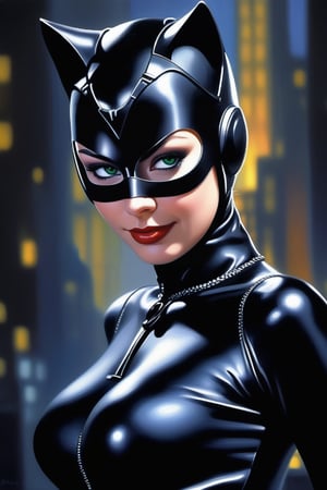 A striking image of Catwoman in close-up shot, sexy smirk, deep cleavage, glistening latex, Gotham City nocturnal background, oil painting, realistic style, fine brush stroked, detailed, meticulous artwork, soft volumetric light,photo r3al