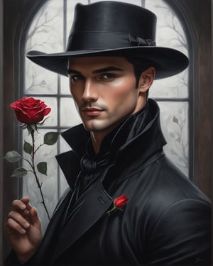 high waist oil painting potarait of handsome magician in black magician coat and black hat, holding a red rose in hand,dark brown eyes, (((clean shaven))))),character portrait, , wearing white shirt,(((((( tinted glass design background)))))) tinted glass window background,,inspired by Charlie Bowater, & a dark, sk, build body, muscles grainy cinematic, godlyphoto r3al, detailmaster2, aesthetic portrait, cinematic colors, earthy, moody 