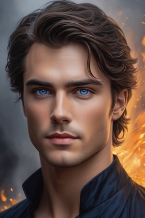 ((masterpiece a extremely perfect oil painting of handsome man a character portrait, inspired by Charlie Bowater, digital art, has two adorable blue eyes, disney weta portrait, damon salvatore, closeup portrait of an mage, the fire king, cassandra cain in satin, 3 d cg, mid-shot of a hunky, beautifully daylight, 2
 The artist has created a realistic and detailed portrayal showcasing their expertise in 4K digital art. The painting captures the essence of features, bringing them to life with stunning realism. The use of oil adds to the beauty and richness of the portrait, making it a magnificent and visually captivating piece. This realistic and detailed oil painting is truly a work of art.  , grainy cinematic, godlyphoto r3al, detailmaster2, aesthetic portrait, cinematic colors, earthy, moody