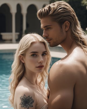 a woman standing next to a man in a pool, inspired by Károly Lotz, tumblr, ornate long blond hair, eric winter, ink on skin, watermarked, disney photo realistic, ivory pale skin, machin3, trickster, petals, lower quality, cg original, thy, shoulder tattoo, charles bowater, feral languid emma roberts