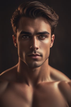 high waist potarait of a man , Amber hazel brown eyes, serious look on face a character portrait, shirtless inspired by Charlie Bowater, & a dark, sk, build body, muscles grainy cinematic, godlyphoto r3al, detailmaster2, aesthetic portrait, cinematic colors, earthy, moody 