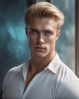 high waist potarait of a man , blonde strandy hair, light blue eyes, (((clean shaven))))),character portrait, , wearing white shirt,(((((( tinted glass design background)))))) background,,inspired by Charlie Bowater, & a dark, sk, build body, muscles grainy cinematic, godlyphoto r3al, detailmaster2, aesthetic portrait, cinematic colors, earthy, moody 