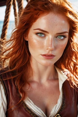 a beautiful redhead pirate woman , ((hazel green eyes)) fade freckles , she's on a ship , wearing pirate attire, pirate woman detailed,photo r3al,Movie Still,Film Still,Cinematic,Qftan,aesthetic portrait,sexy,  perfect body 