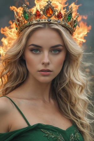 a beautiful blonde. girl ((beautiful sductive round face)))), green eyes, beautiful wavy hair, blowing hair, green eyes, wearing a ((((crown of fire,)))))((((fire crown))))((((fire power in hand, ))))(((savage))wearing green flowing gown,((beautiful face, cinematic vibesultra detailed, masterpiece, 8k.cinemtic look , grainy cinematic, fantasy vibes  godlyphoto r3al,detailmaster2,aesthetic portrait, cinematic colors, earthy , moody,  